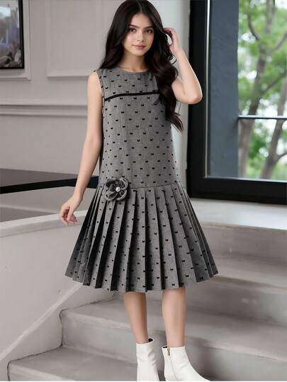 SHEIN Đầm nhung in họa tiết nơ 3D, đầm xếp ly hoa 3D thời trang cho thiếu nữ, trang phục phù hợp cho mặc hàng ngày, sinh nhật, tiệc tùng và các dịp khác.