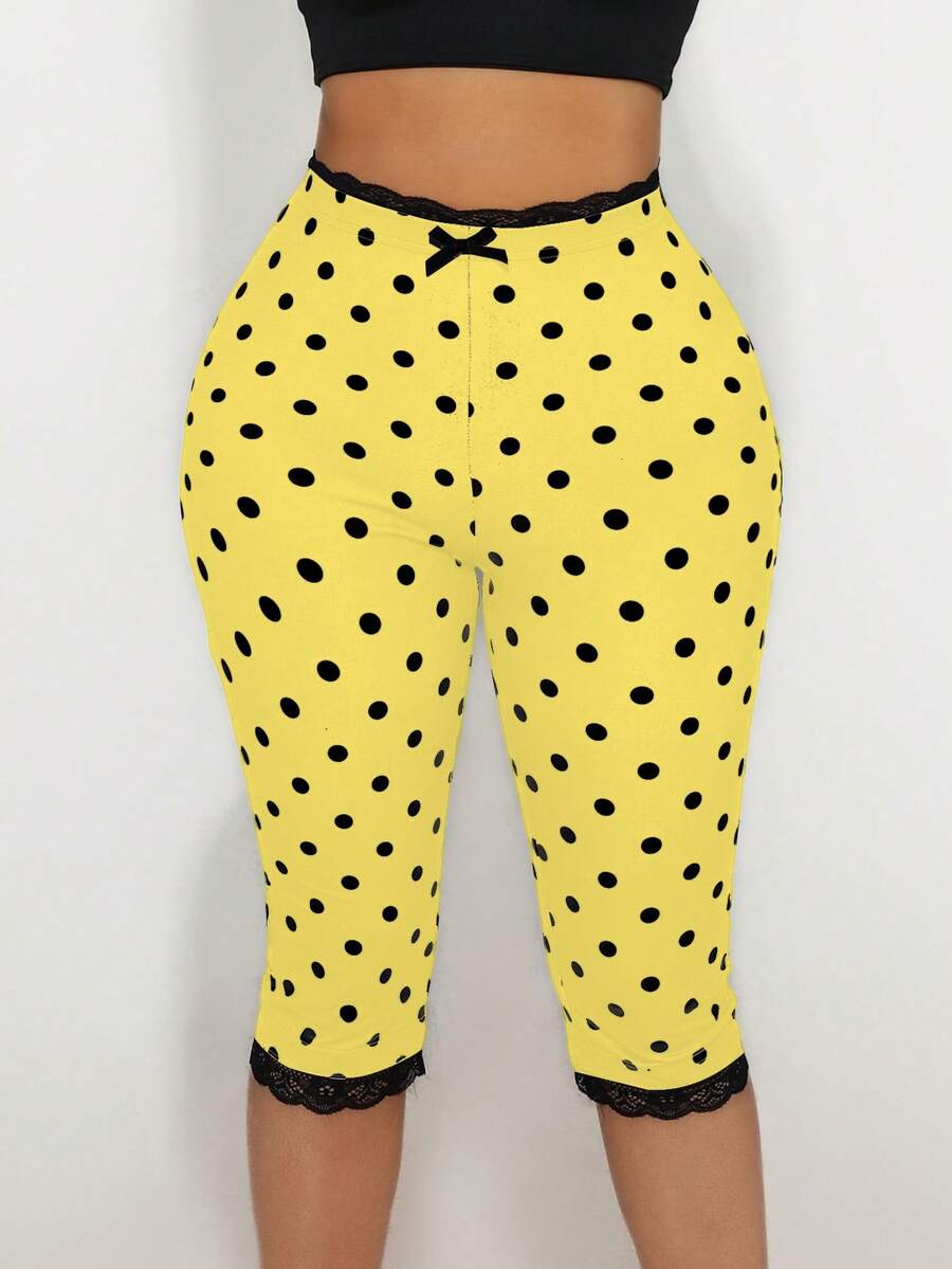 Sirith Quần legging nữ chấm bi đen trắng, viền ren và nơ trang trí. - Màu vàng - Xem 1