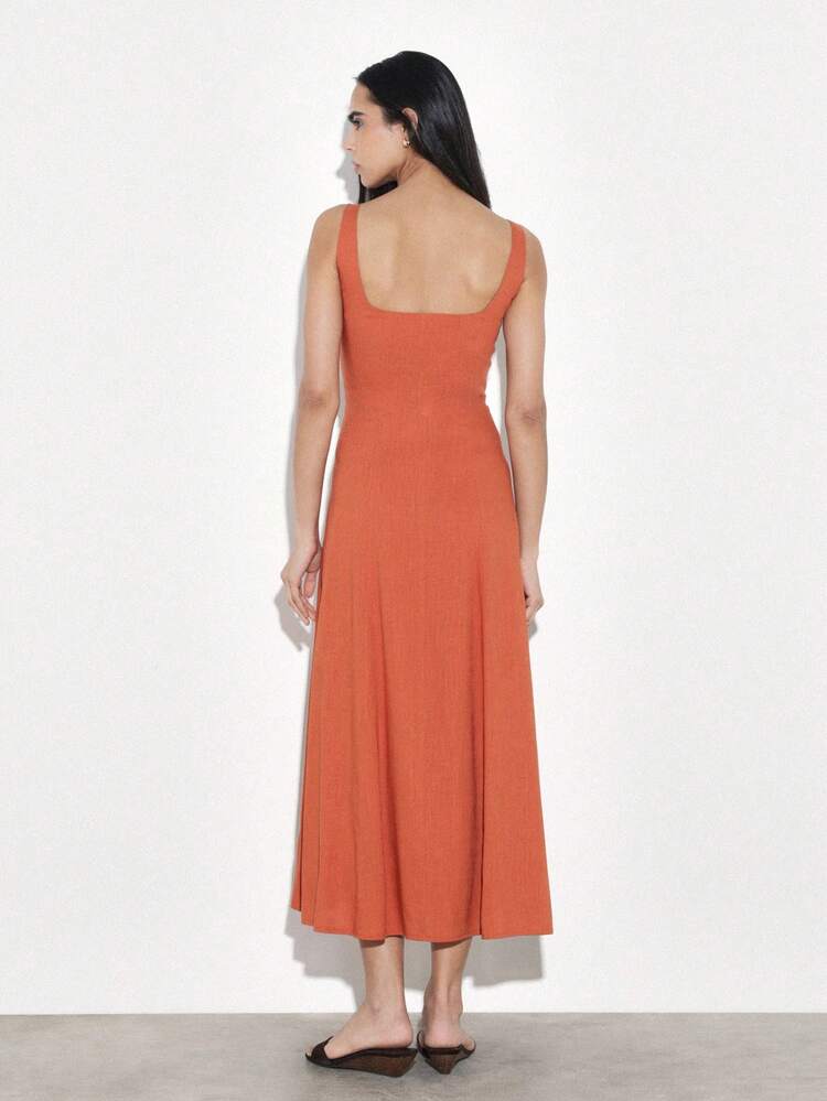 KSTM Square Neck Paneled Midi Dress Sleeveless A-Line Coral Orange Women Fall Casual Day Work Elegant Flowing Comfortable Stylish Contemporary