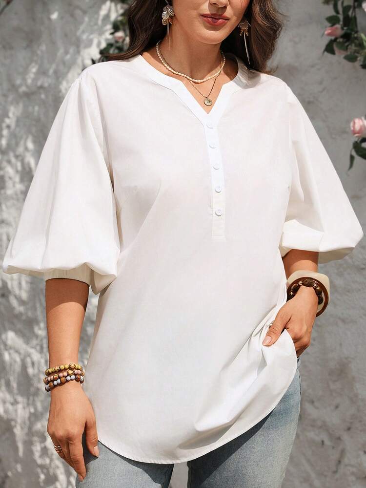 Plus Size Women's Casual Solid Color Keyhole Neck Lantern Sleeve Blouse White Blouse For Women Blouses White Tops For Women Cotton Tops Women Summer Modest Tops Summer Blouses White Blouses For Women Latest Tops For Women New Arrivals Women's Tops For Summer Women's Tops And Blouses Blouse For Women Casual Modern Women's Shirts For Summer Wholesale Clothing