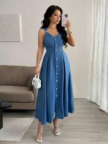 Rafferiza 女士夏季蓝色泡泡纱无袖中长连衣裙，饰有金属扣环 - 藍色 - 查看 4