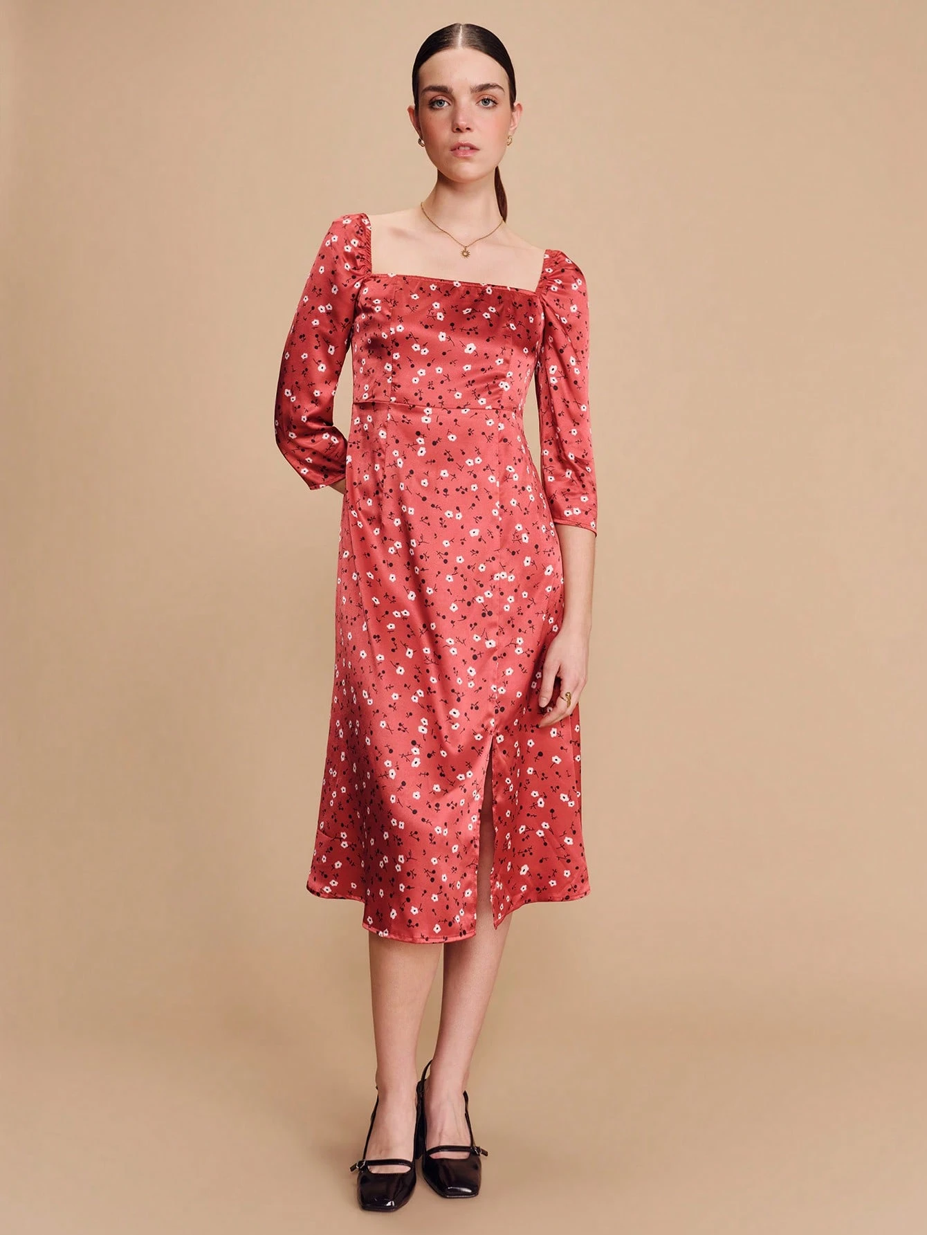 Red Floral Print Square-Neck Midi Dress With Puff Sleeves Vintage Spring Summer Style French Style Parisian Style Floral Dress Women Flower Dress Women French Dresses For Women Flower Dress Woman Lunar New Year