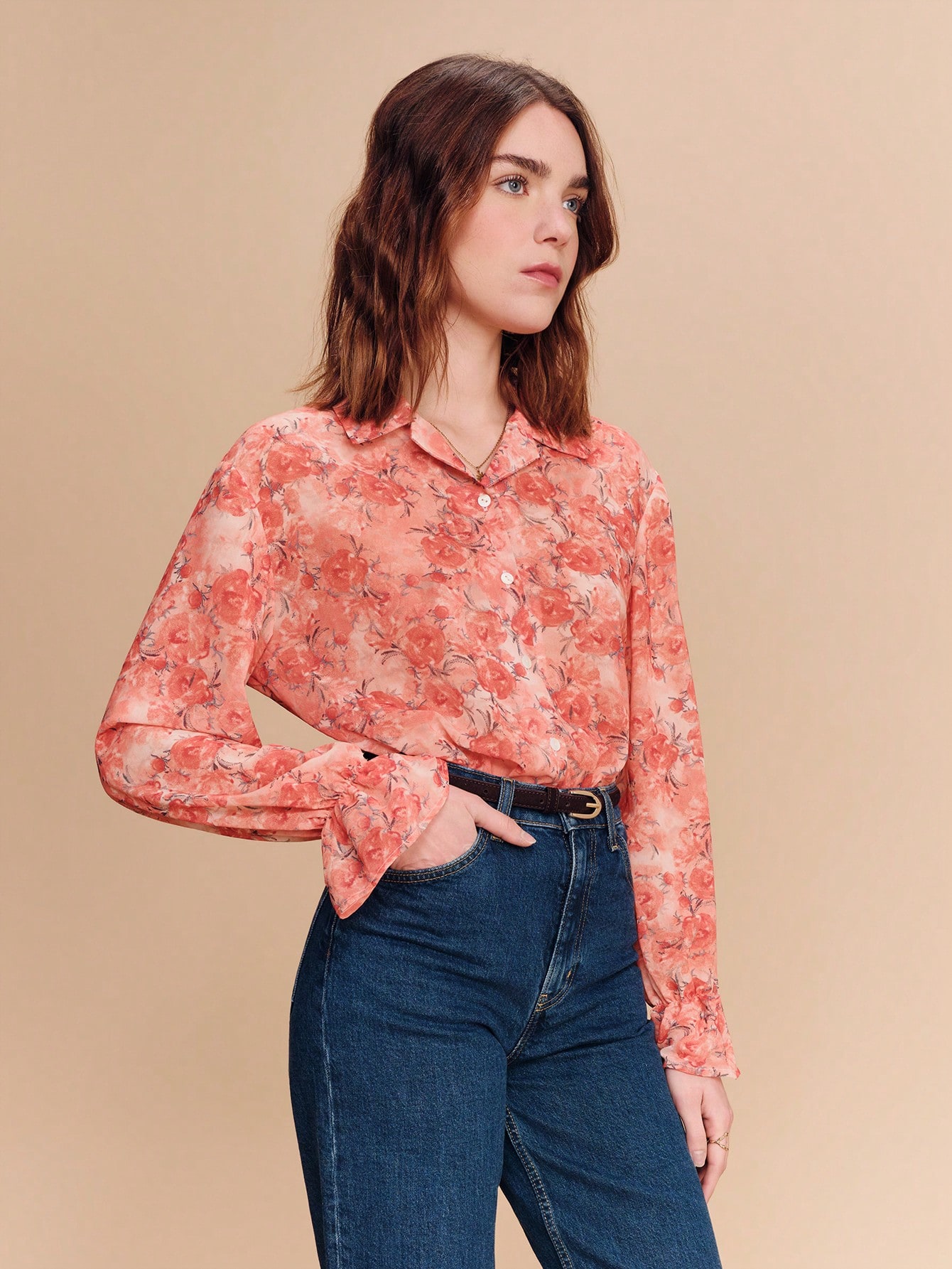Orange Vintage Floral Printed Blouse With Relaxed Collar, Long Sleeves And Ruffled Cuffs Romantic Business Casual Floral Blouse Summer Shirts Woman Western Shirt For Women Spring Summer French Style Parisian Style