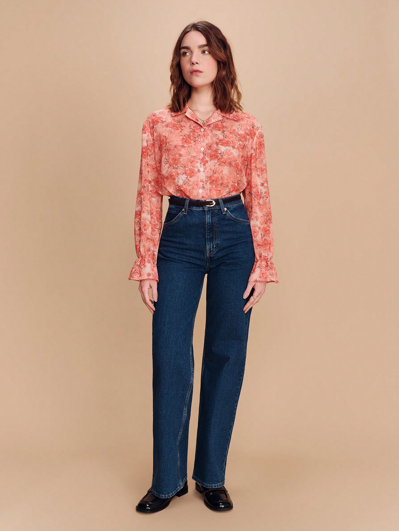 Orange Vintage Floral Printed Blouse With Relaxed Collar, Long Sleeves And Ruffled Cuffs Romantic Business Casual Floral Blouse Summer Shirts Woman Western Shirt For Women Spring Summer French Style Parisian Style