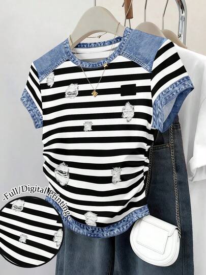 Resyla Women's Waist Cinched Multicolor Stripe Denim Grid Patches Print Graphic Short Sleeve Tee Tops T-Shirt