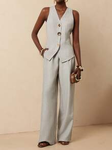 Vesra Spring/Summer New V-Neck Single-Breasted Sleeveless Vest + High-Waist Loose Pleated Wide-Leg Pants Women's Two Pieces Suit For Office Wear - Multicolor - View 5