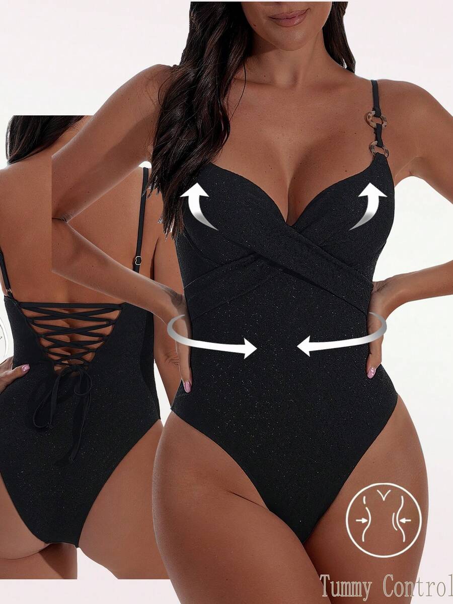 Shapewave Spring/Summer Fashion Sexy Adjustable Strap Hardcup Steel Bra One-Piece Swimsuit With Resin Ring Decor, Gold/Silver Fabric - Black - View 1