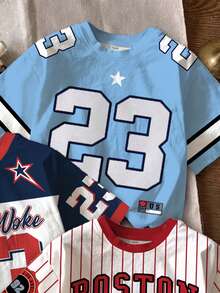 Set de 3 camisetas de manga corta con cuello redondo, estilo deportivo y retro americano, con gráficos de letras y números 92 en estilo Y2K casual para niños preadolescentes - Multicolor - Ver 3