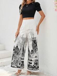 SHEIN Clasi 女士纯色羊腿袖T恤和绿色印花长裤两件套，春夏女装，复活节，优雅派对装，海滩装，母亲毕业礼服，毕业礼服，伴娘礼服，婚礼宾客礼服，婚礼，女士度假装，夏季假日装，女士正式服装，Y2K风格，女士办公室装，流行女装夏季套装，女士巴黎风套装 - 黑與白 - 查看 4