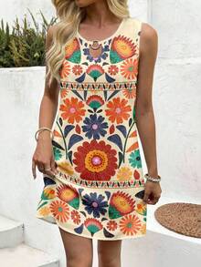 Sylviya Women's Casual Sleeveless Printed Short Vacation Dress, Summer Dress, Vacation Outfit, Bohemian Style Dress, Strapless Dress, Shirt Dress - Multicolor - View 5