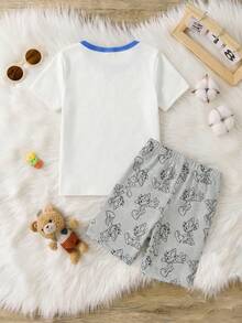 Top elegant Young Boy, alb, cu guler rotund și mânecă scurtă, cu imprimeu de vulpi albastre, asortat cu pantaloni scurți gri, material tricotat, pijamale confortabile, croială strânsă, din două piese - alb - Vizualizare 2