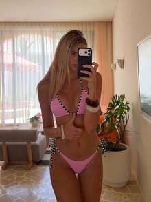 Bonvoyette Women's Summer Beach Vacation Halter Tie Striped Print Rope Pants Side Tie Bikini Two-Piece Set - Multicolor - View 1