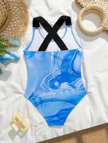 SHEIN Tween Girl Blue Ink-Wash Color Block 1pc Swimsuit, Summer Casual Beach Holiday Cross Back Strap Tween Girl Quick-Drying Breathable Swimming Suit - Multicolor - View 2