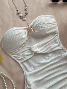 Sweetra 法式优雅不对称扭结设计无肩带紧身连衣裙，夏季新款性感别致娇小女装 - 杏色 - 查看 6