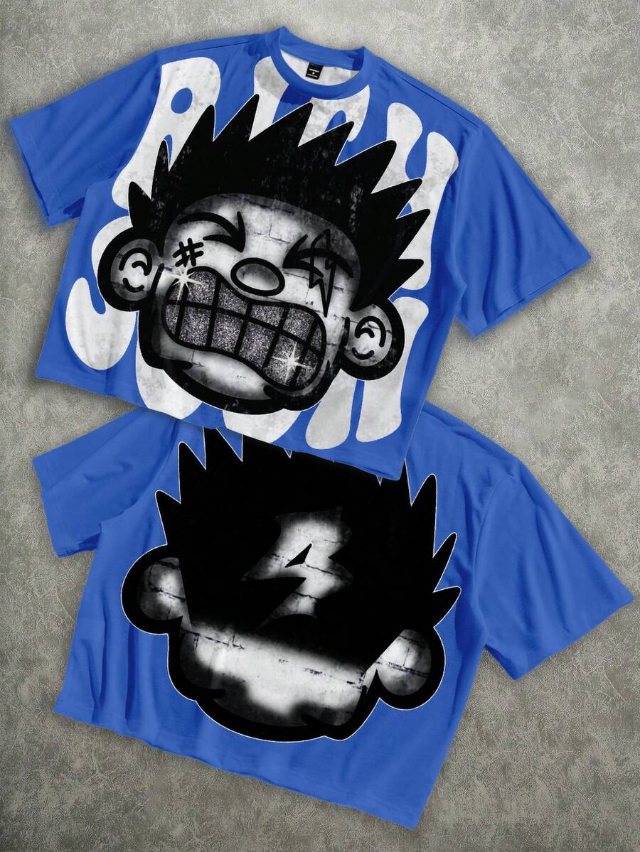 Manfinity ZONE917 Men's Casual Cartoon Print Round Neck Short Sleeve T-Shirt, Versatile For Daily Wear - Royal Blue - View 1