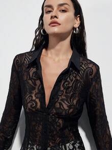 Aveloria Modichic Blusa de manga larga elegante y sexy para mujer con cuello de encaje transparente, versátil y de moda para la primavera/verano - Negro - Ver 5
