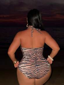 Swim SXY Plus Size Women's Random Zebra Print Backless Sexy One-Piece Swimsuit - Multicolor - View 2
