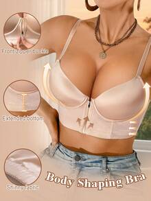 DesireSculpt 1pc Women's Underwire Casual Comfortable Gather Zipper Front Closure Bra With Adjustable Straps - Apricot - View 5