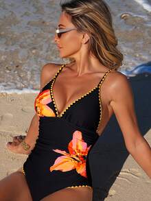 SHEIN Swim Vcay 1 pieza Traje de baño de una pieza con cuello alto fruncido, estampado floral y tirantes ajustables para mujer - Negro - Ver 8