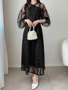 FRIFUL 女士网纱披肩拼接吊带连衣裙，两件套，纯色夏季款 - 黑色 - 查看 2