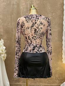 INAWLY Women's Fashion Leopard Print Ruffle Trim Long Sleeve Top - Khaki - View 2