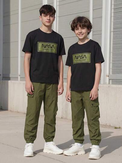 Mirajuku 2pcs/Set Boys' Comfortable Loose Fit T-Shirt And Straight Leg Pants Outfit, Suitable For Casual, Sports, And Daily Wear Clothes Boys 10 12