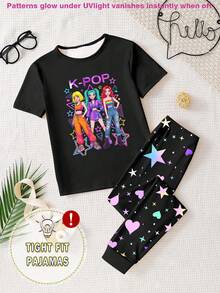 Tween Girls Glow-In-The-Dark Pajama Set, Black Short Sleeve Top With Girl Group Print And Black Leggings With Star & Heart Print, Tight Fit Style Runs Small, Recommend Sizing Up - White - View 4