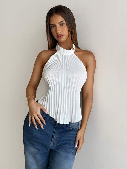 Aloruh 新款春夏优雅性感度假风露背系带褶皱不对称下摆上衣，适合婚礼季、情人节、约会、度假等场合，白色纯色