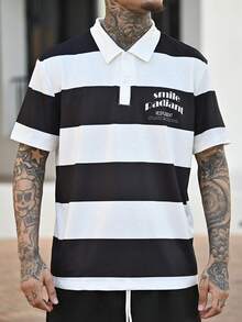 Devon Thys 男士休闲撞色条纹纽扣 Polo 衫 - 黑與白 - 查看 3