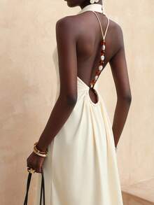 Vesra New Arrival Halter Backless Sleeveless Dress - Apricot - View 4