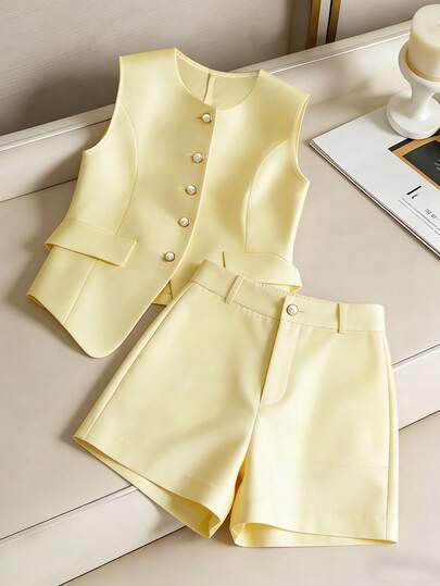 Franclia Conjunto informal de 2 piezas para mujer, Verano 2026, Elegante top sin mangas y shorts, Atuendo versátil para ir al trabajo, vacaciones, fiestas, ocio