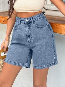 EURMUSE 100%Cotton Rigid Medium Wash Women Short - Baby Blue - View 6