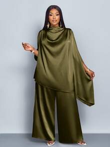 SOLERSUN 女士时尚纯色优雅高领蝙蝠袖缎面不对称下摆上衣搭配直筒优雅长裤套装，适合高个女装和办公室职业装。 - 橄欖綠 - 查看 6