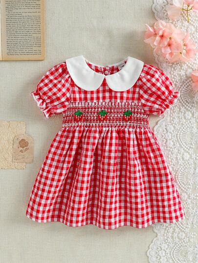 SHEIN Baby Girl Ruched Plaid Peter Pan Collar Petal Sleeve Casual Dress For Daily Wear & Gatherings
