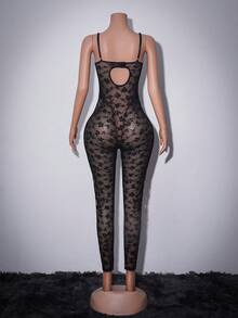 亮面漆皮与透视蕾丝拼接连体裤，性感显瘦，适合女性 - 黑色 - 查看 2