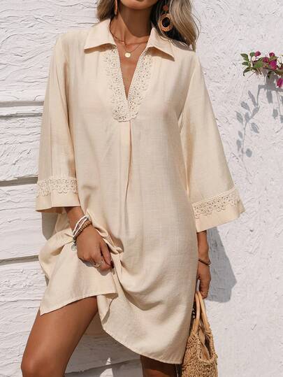 Breezaya Women's Solid Color Shirt Collar V-Neck Applique Pleated Loose 3/4 Sleeve Cuff Applique Decor Short Apricot Dress, Elegant French Retro Formal Office Commute Business Casual Holiday Afternoon Tea Street Style Minimalist Vintage Australian Leisure Party Bohemian Spring Summer New