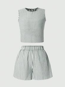 SHEIN 少女休闲日常蓝色条纹蝴蝶结露背背心和短裤两件套 - 橄欖綠 - 查看 7