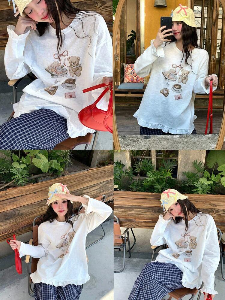 Women's Round Neck Korean Style Ruffle Floral Print Long Sleeve T-Shirt Graphic Tees Women