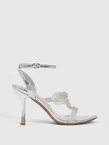 CUCCOO SZL 女士新款时尚闪亮水钻交叉银色高跟凉鞋，圆头细跟派对宴会礼服鞋，适合万圣节、圣诞节和新年等场合。 - 銀色 - 查看 4