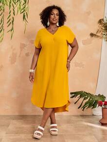 BrightlyHer Plus Size V-Neck Solid Color Casual Beach Wear Dress - Yellow - View 4
