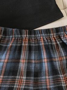 SHEIN Tween Girl Casual Ribbed Camisole & Plaid Shorts 2 Pieces Pajama Set, Comfortable Loungewear - Black - View 10