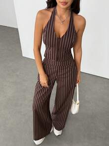 SHEIN PETITE Spring/Summer Office Lady V-Neck Sleeveless Top With Open Back & Wide Leg Pants, Slimming And Lengthening Outfit For Streetwear Brown Two Piece Set Women Striped Two Piece Set - Brown - View 11