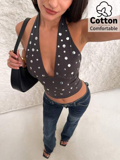 Firerie 女士新款纯黑色铆钉露背上衣，性感深V领短款上衣，度假装，音乐节穿搭，春夏，性感，约会，派对，音乐节，波西米亚风，度假，海滩，夏威夷