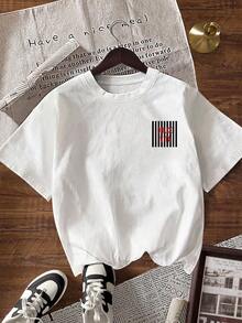 EMERY ROSE Camiseta casual de cuello redondo de manga corta con estampado de rayas, para el verano - Blanco - Ver 2