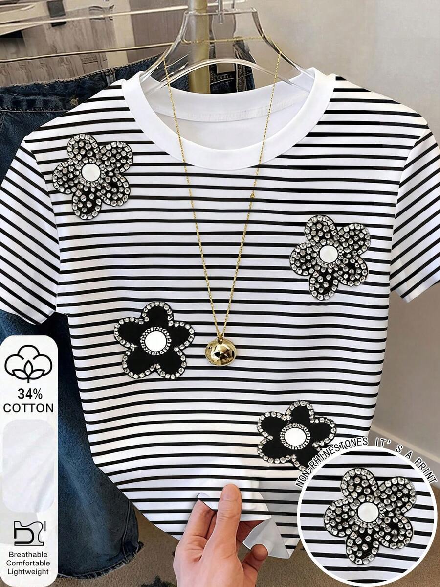 Resyla Women's Casual Striped Print Short Sleeve Round Neck T-Shirt - Multicolor - View 1