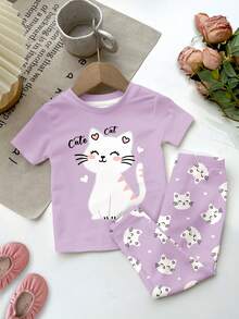 Baby Girl Cute Purple Holiday Summer Clothes,Cartoon Animal Cat Print Round Neck Short Sleeve Top And Pants 2pcs Snug Fit Homewear Set,Kids Fashion - Multicolor - View 3