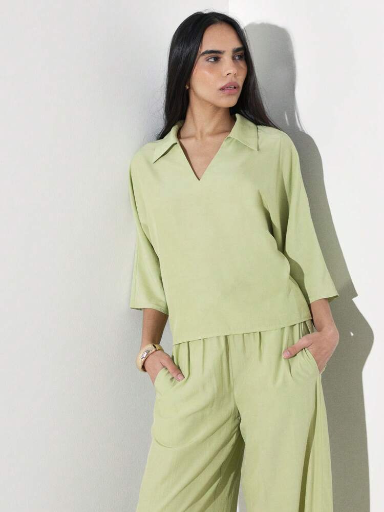KSTM Sage Green Oversized Polo Blouse With V-Neck Collar Three Quarter Sleeves Relaxed Fit Women's Casual Spring Summer Top