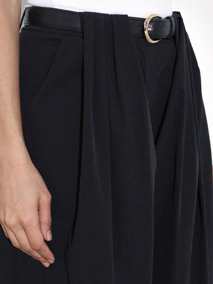 KSTM Women High Rise Black Wide Leg Pleated Palazzo Trousers With Front Pleats And Belt Loops For Casual Office Wear