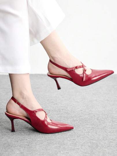 CUCCOO BIZCHIC Wine Red Lace-Up Elegant High Heel Shoes, French Mature Style, Metal Buckle Slim Heel