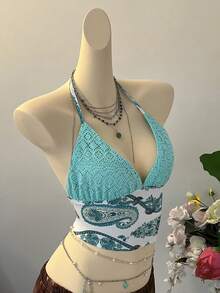 SuriyaCove Áo nữ không tay, cổ yếm, hở lưng, in họa tiết toàn thân, thích hợp cho kỳ nghỉ hoặc du lịch. - màu xanh lá - Xem 4